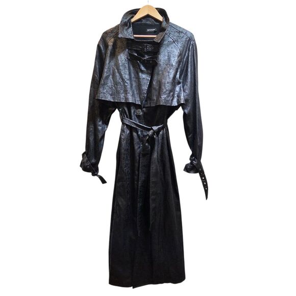 Pretty Little Thing Women's Black Trench Coat Faux Leather Textured Buckles 12 - Picture 1 of 8